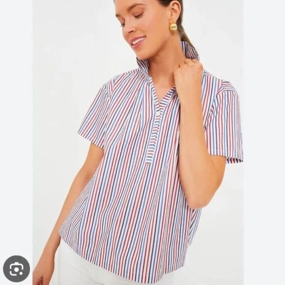 Tuckernuck Cute Cotton Striped Popover Short Sleeve Button Down Shirt Top SZ XS - Picture 2 of 12
